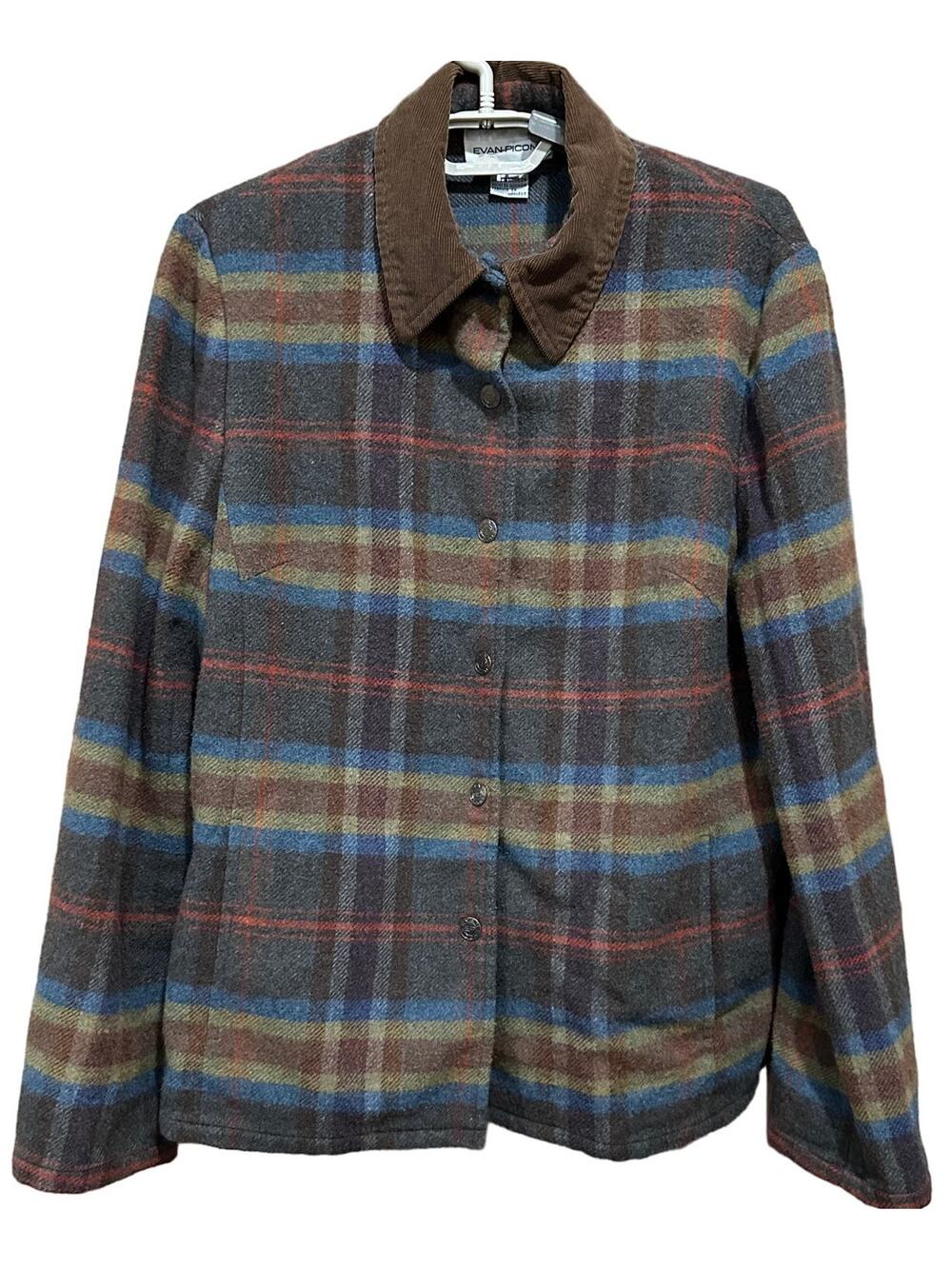Evan Picone Shacket Size 8 Brown Blue Green Snaps Button Up Wool Blend Hipster